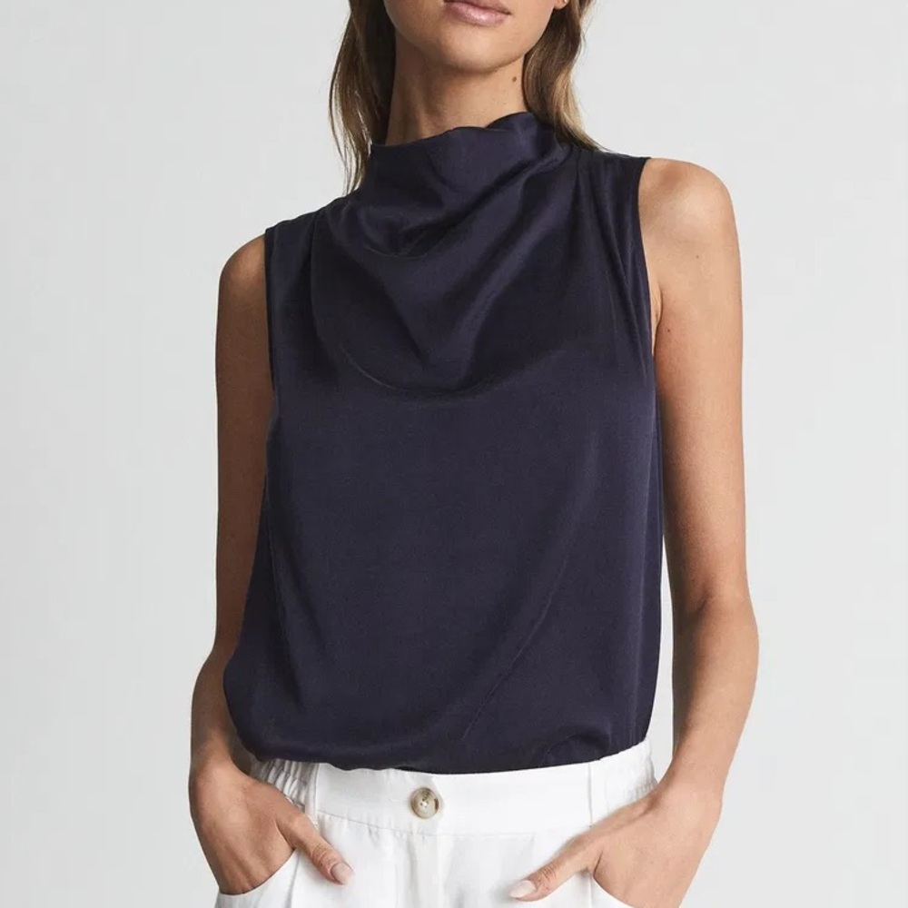 Reiss Lola Navy Blue Silk Sleeveless Shell Top